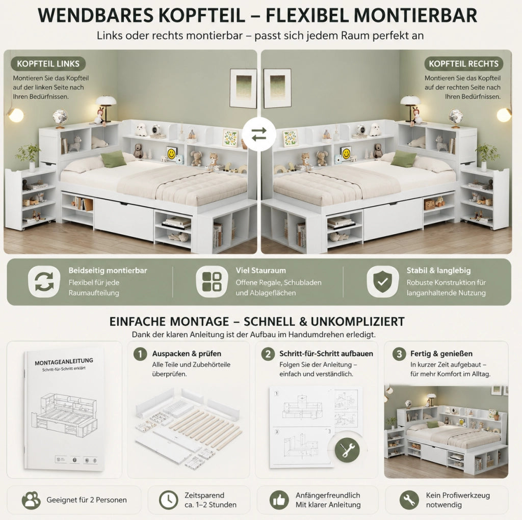 Letto per bambini 140 x 200 cm bianco con cassetti, libreria e armadi