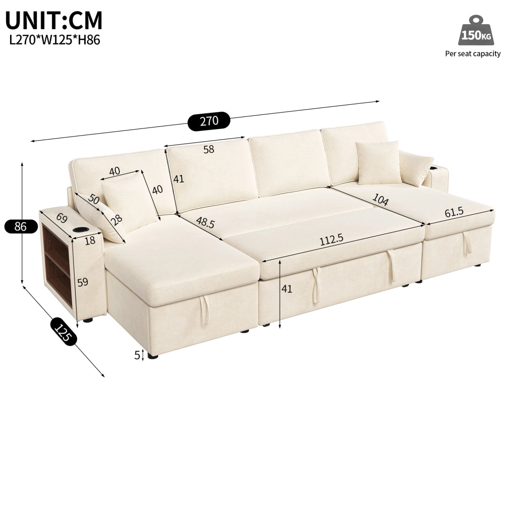 Divano Angolare con Funzione Letto ¨C MINIMAL ¨C Beige, Chaise Longue, Contenitore, USB