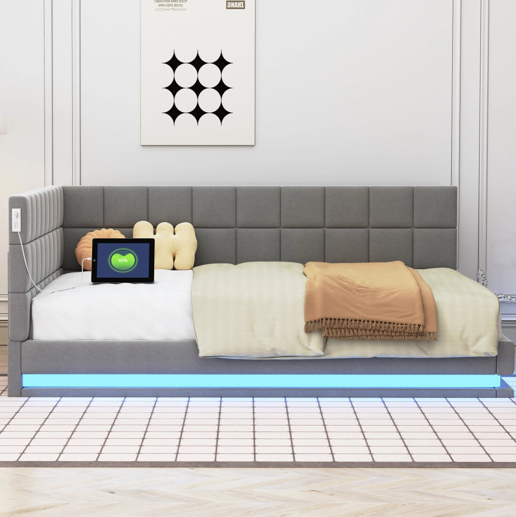 Divano letto imbottito 140x200 cm grigio con LED e USB