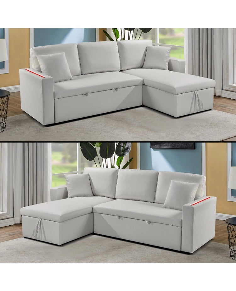 Divano letto contenitore, reversibile angolare, led, ecopelle bianco chaise longue Sicorage Tuky
