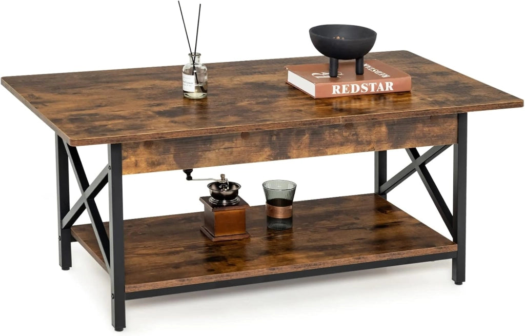 Tavolino a 2 Livelli a Forma di X, Tavolo da Caffè in Stile Industriale, Moderno per Soggiorno, Ufficio, Camera da Letto, Gambe Regolabili, 110x60x48cm, 2 Colori