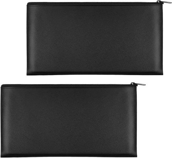 Set di 2 borse in pelle sintetica, nero, 27 x 15 cm, con chiusura a cerniera - Adatto per clienti commerciali, contanti, monete e cosmetici.