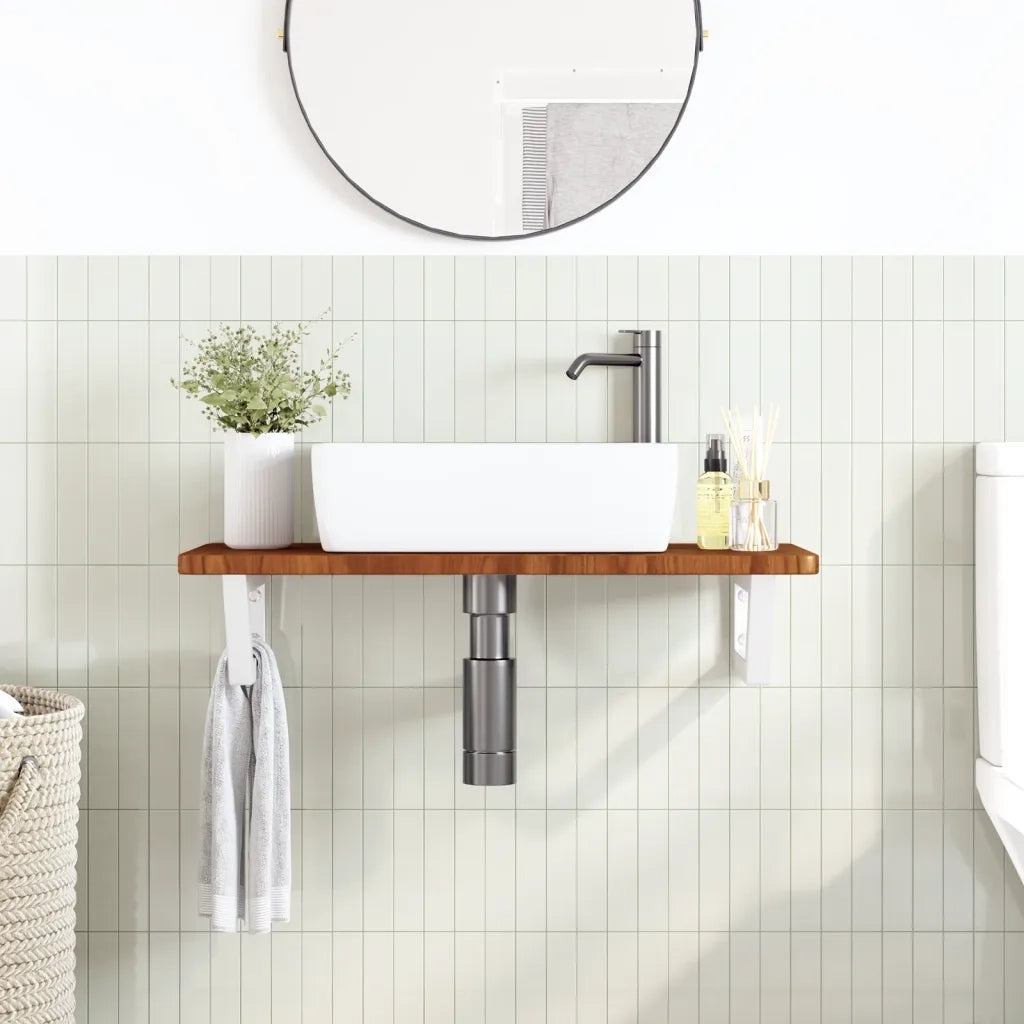 Ripiano a Parete per Lavabo in Acciaio e Massello di Rovere 3302346