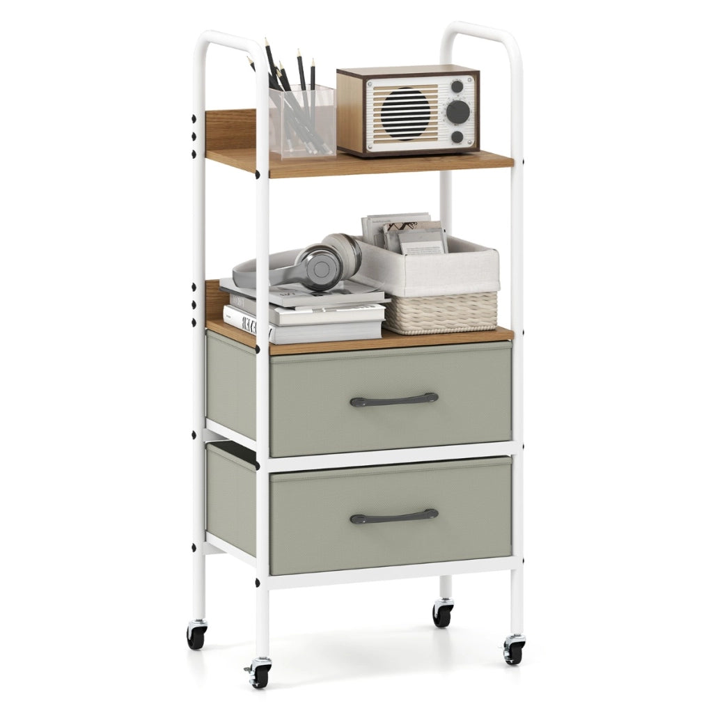 Carrello stoccaggio rotelle supporto 2 ripiani 2 cassetti tessuto, Carrello organizer trucco 4 ruote camera letto Legno naturale-Carrelli