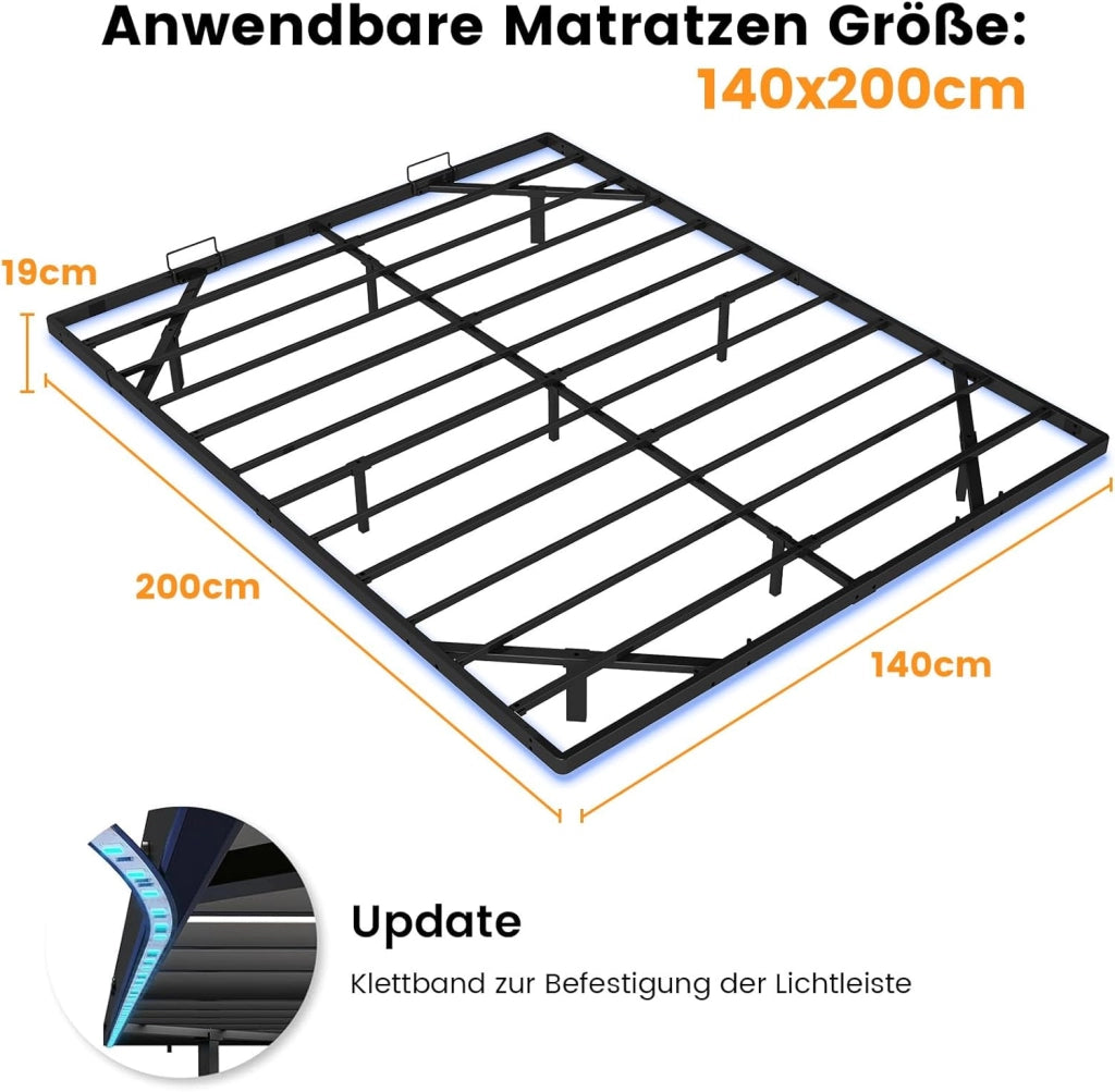 Telaio letto 140 x 200 cm, in metallo, con LED e prese, letto per ragazzi, app e telecomando, struttura stabile con rete a doghe, 180 kg