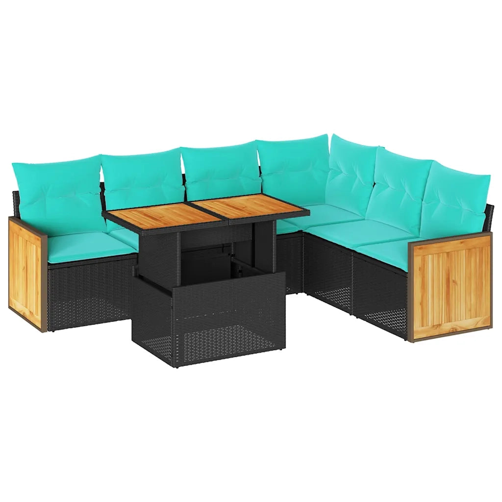 Set Divani da Giardino con Cuscini 7pz Nero Polyrattan Acacia