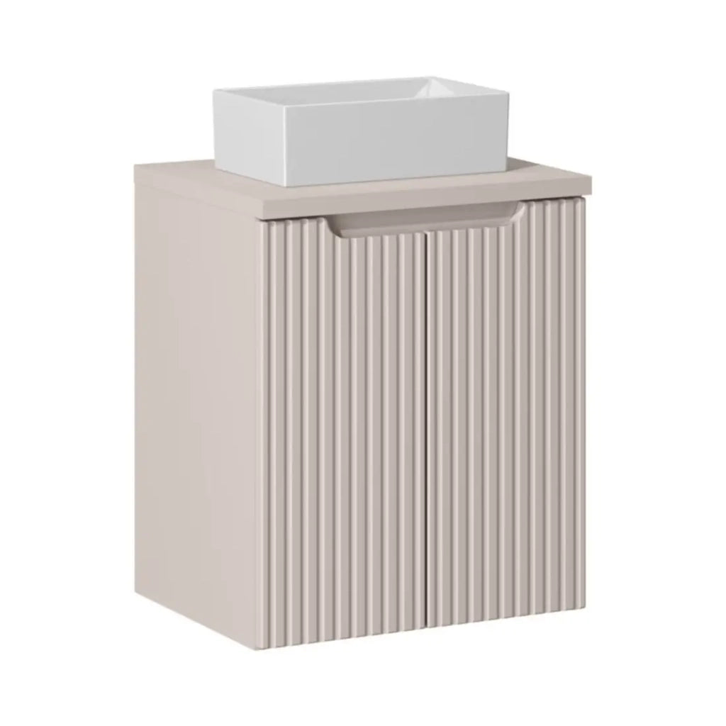 Set VANO cachemire opaco 50cm: mobile sotto lavabo con armadietti + piano per lavabo + lavabo rettangolare da appoggio bianco