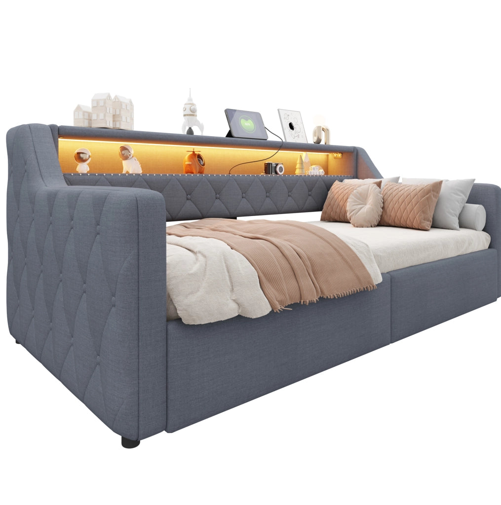 Letto daybed 90x200 cm con LED multicolore; contenitore idraulico; USB e USB-C; in lino grigio
