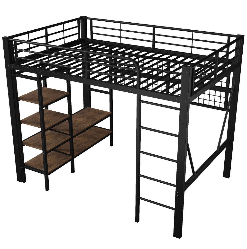 Letto a soppalco 140x200 cm in metallo e MDF nero con LED; ripiano e griglia portaoggetti