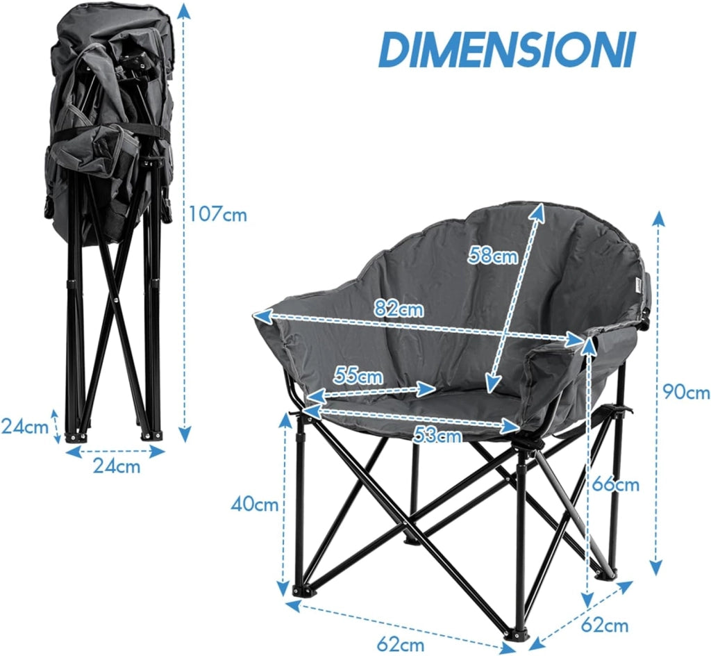 Sedia da Campeggio Pieghevole, Sedia Imbottita con Porta Bicchiere, per Campeggio Pesca Giardino Cortile Spiaggia, Struttura in Ferro (Grigio)