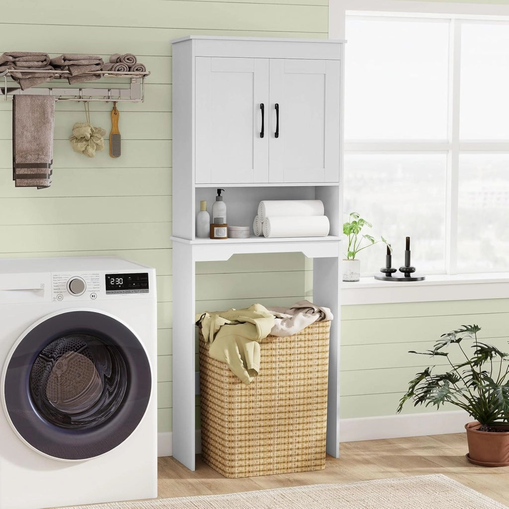 Mobiletto da Bagno sopra il WC, Mobile da Bagno Autoportante Alto 168 cm con 2 Ante e Ripiano Regolabile, Armadietto Salvaspazio sopra la Toilette per Lavanderia, 63 x 24 x 168 cm