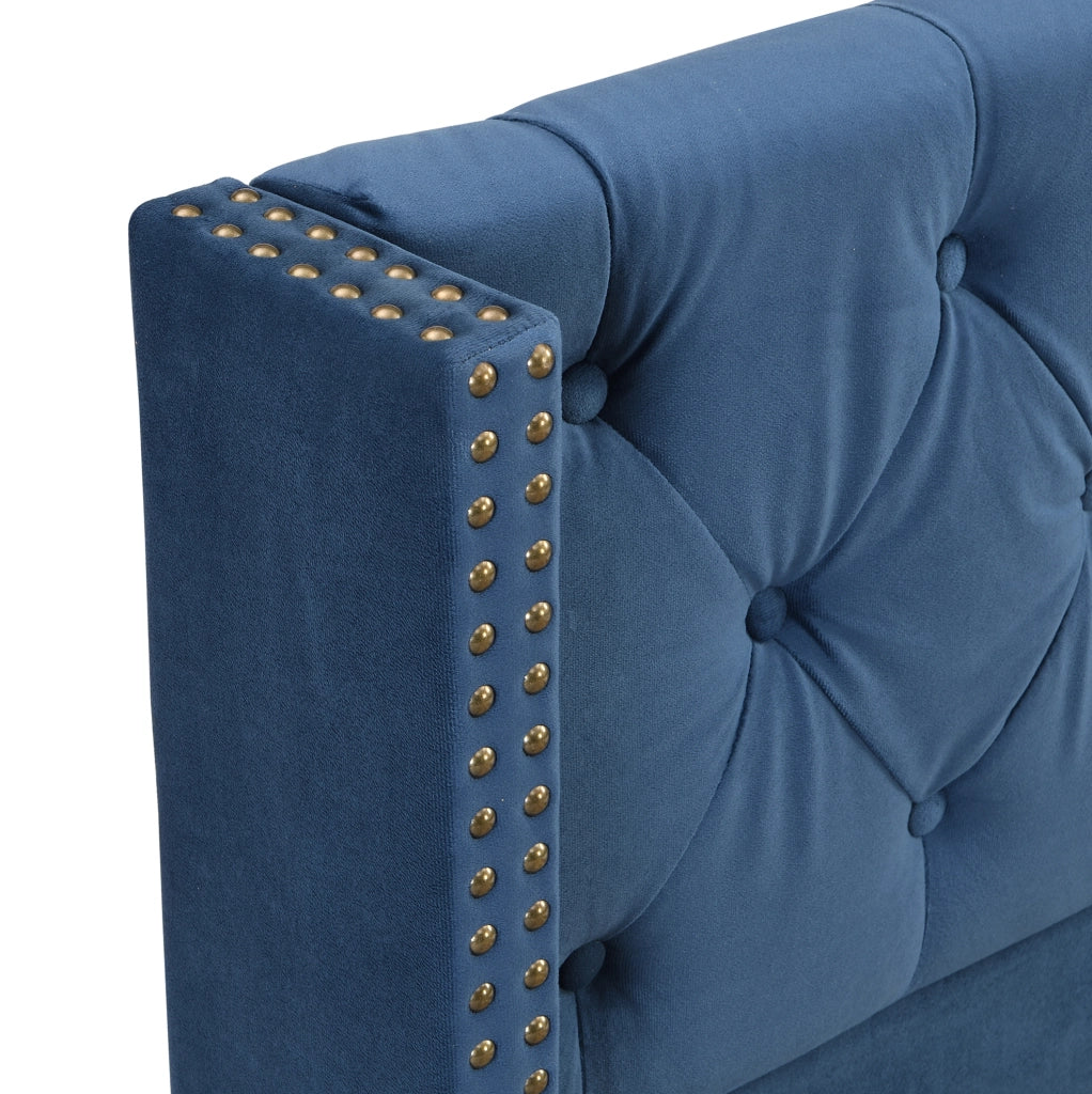 Letto imbottito 90x200 cm in velluto blu con testiera decorata e rete a doghe