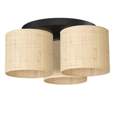 Plafoniera rotonda nera 3 paralumi rattan crema E27 Luminex
