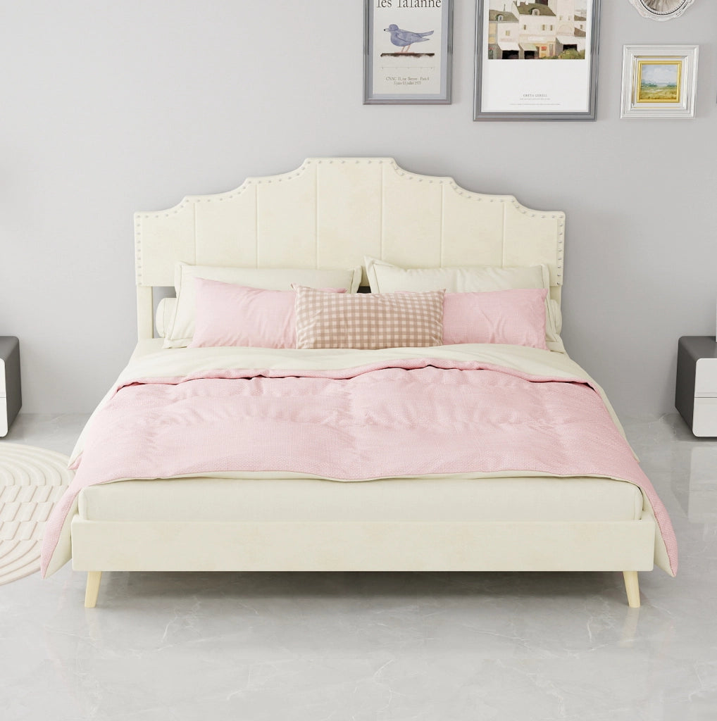 Letto matrimoniale 160x200 cm in tessuto e metallo beige