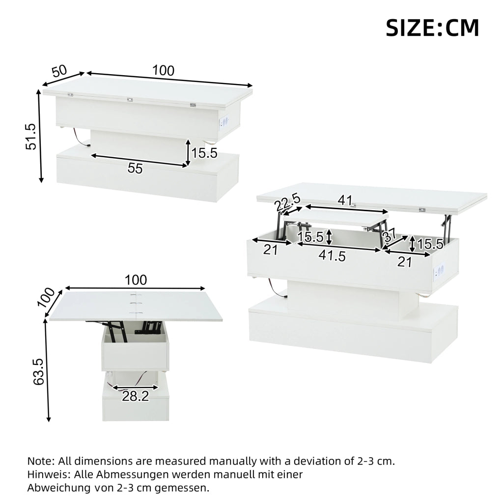 Tavolino basso sollevabile con LED e presa, vano contenitore, per soggiorno, bianco, 100 × 50 × 51,5 cm