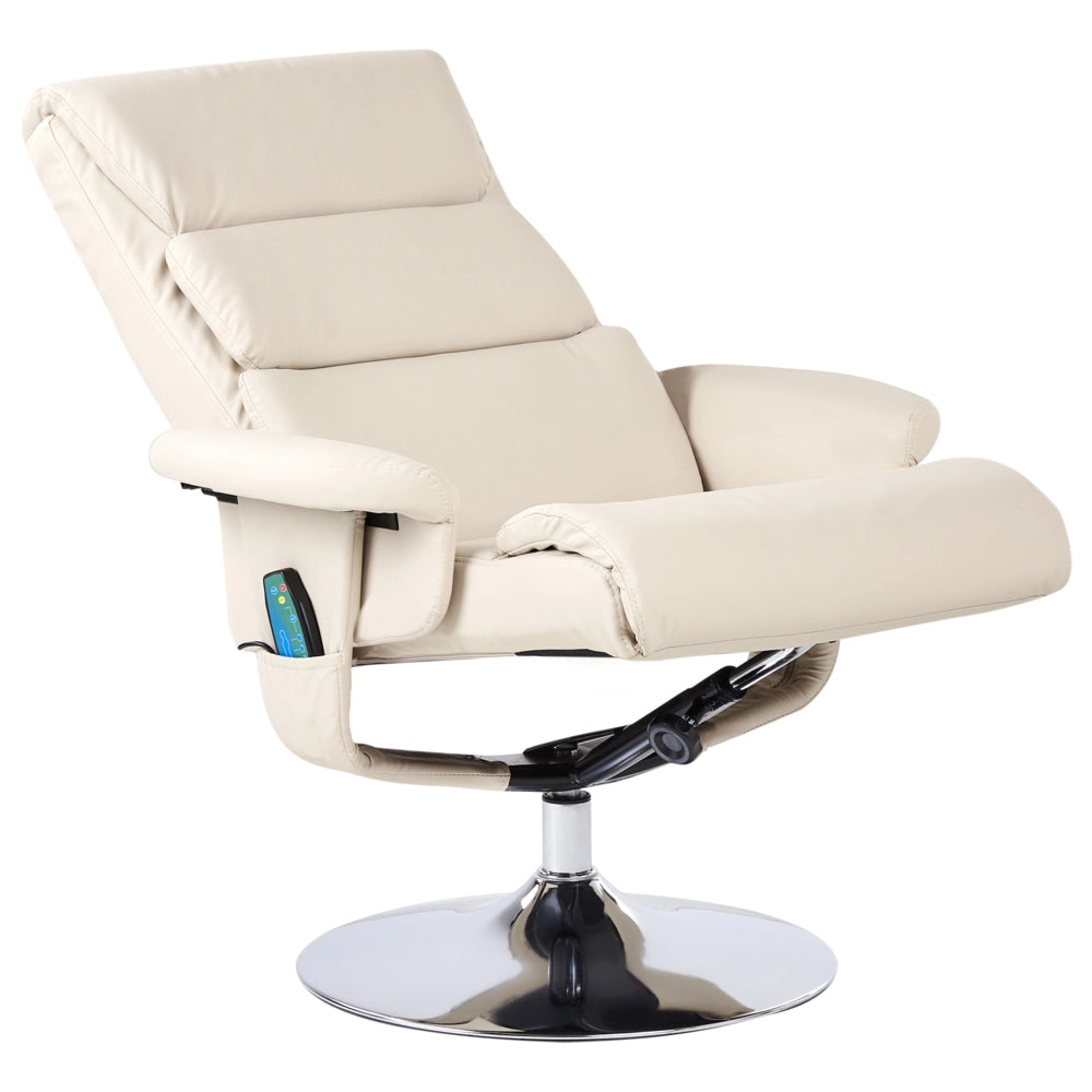 Poltrona reclinabile beige chiaro con poggiapiedi struttura in metallo imbottita in ecopelle funzione massaggio riscaldata design retrò