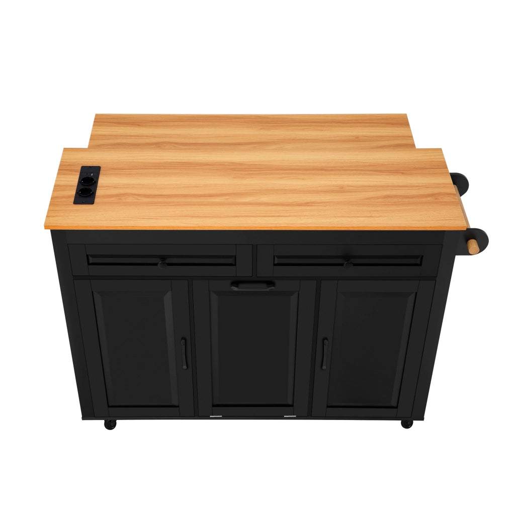 Isola da cucina mobile estraibile - Zephmum - Con piano di lavoro e vano rifiuti, presa di corrente, nero