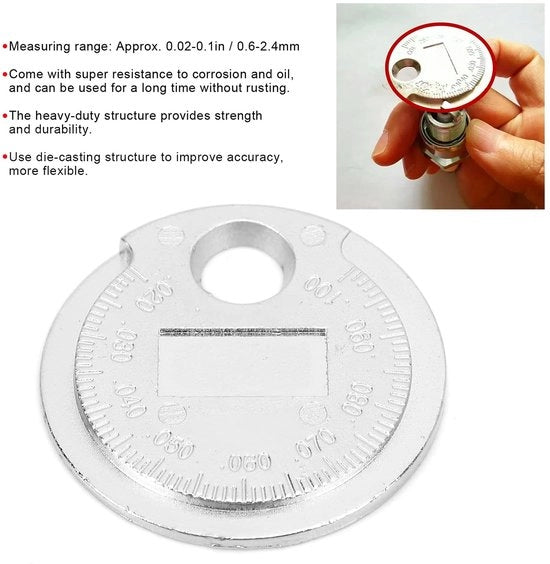 Misuratore di distanza della candela in acciaio inossidabile - Strumento di misura 0,02-0,1 pollici - Accessori per motori - Regolazione dello spazio tra le candele - Diametro 38 mm - Spessore 3 mm - Misuratore di candele
