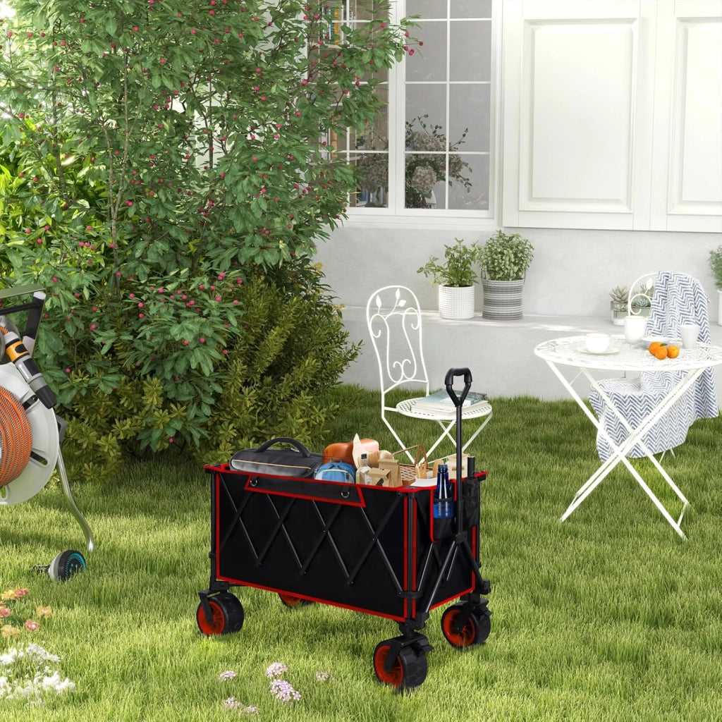 Carrello Pieghevole con Ruote da Spiaggia, Giardino, Campeggio, Viaggio, Spesa, con Borsa di Trasporto, Oxford+Acciaio, Nero+Rosso