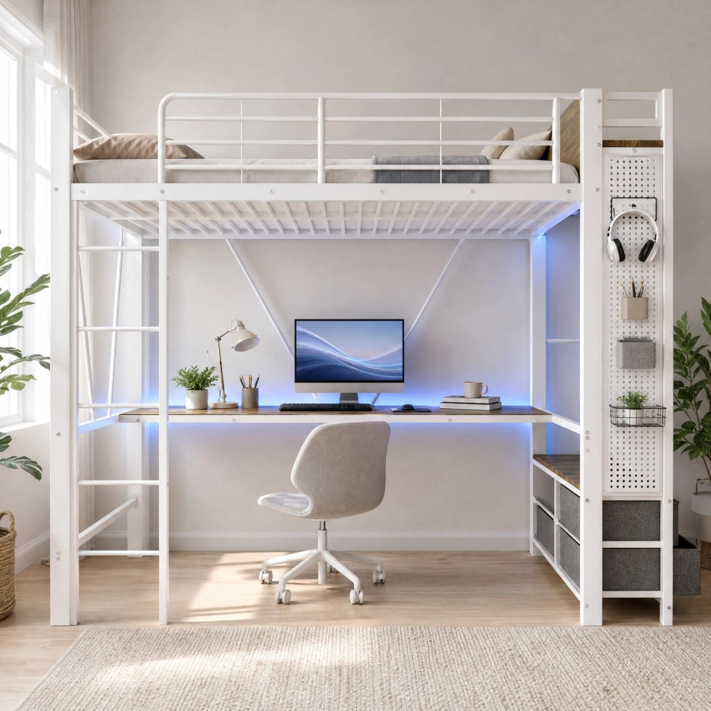 Letto a soppalco 90 × 200 cm con scrivania; 4 cassetti; LED; USB Type-C; metallo e MDF bianco