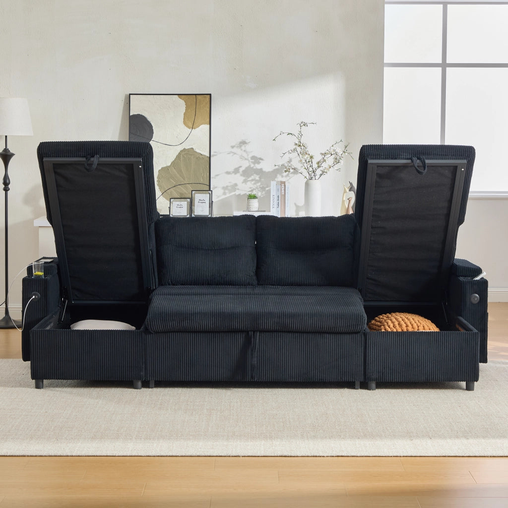 Divano a 4 posti con doppia chaise longue; contenitore; portabicchieri e USB Type-C; nero