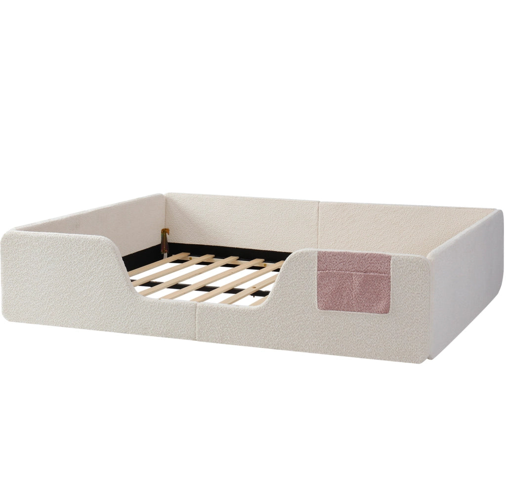 Letto imbottito per bambini 140x190 cm con sponde removibili; tasca portaoggetti; velluto beige