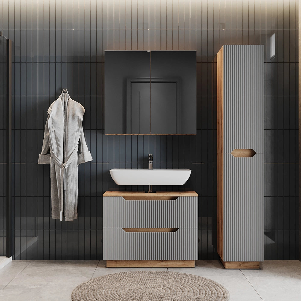 Vicco Set di mobili da bagno Rovere/grigio a righe 3 parti