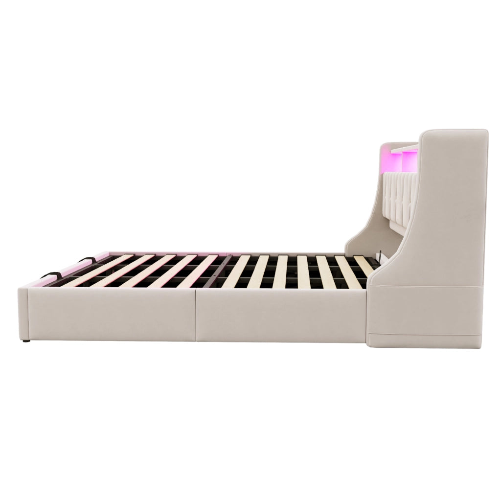 Letto imbottito 180x200 cm con contenitore idraulico, LED e testiera multifunzione