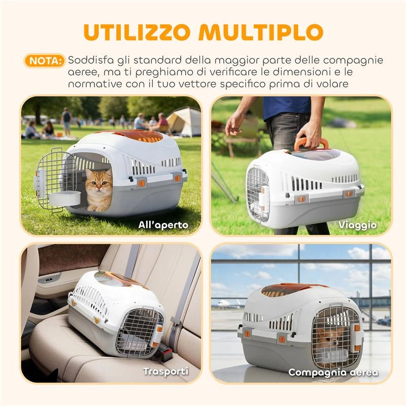 TRASPORTINO PER GATTI E CANI PICCOLI FINO 4 KG IN PLASTICA CON FINESTRA SUPERIORE, 49X32X31 CM, GRIGIO