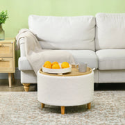 Pouf contenitore rotondo con coperchio ribaltabile e vano nascosto, per soggiorno e ingresso, in poliestere bianco