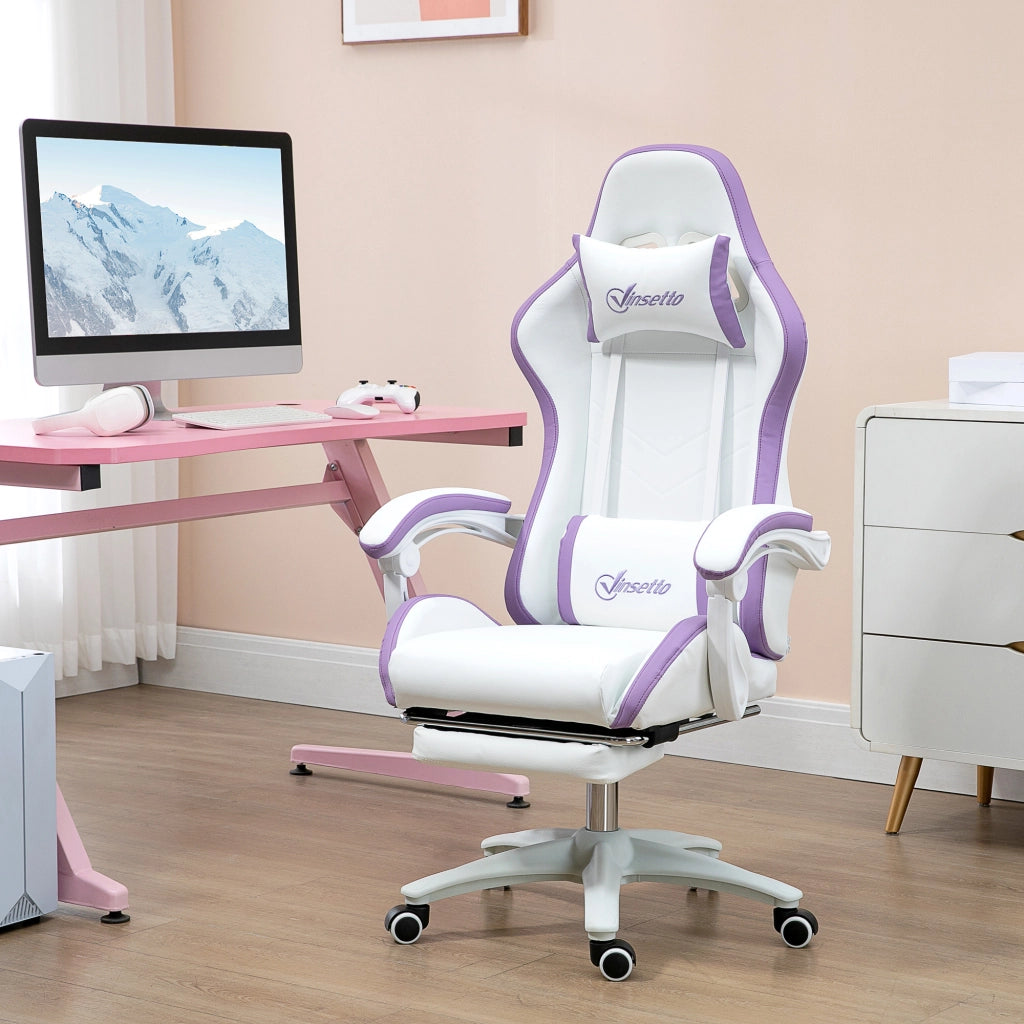 Sedia da Gaming con Altezza Regolabile e Schienale Reclinabile. 65x65x121-129 cm. Bianco e Viola