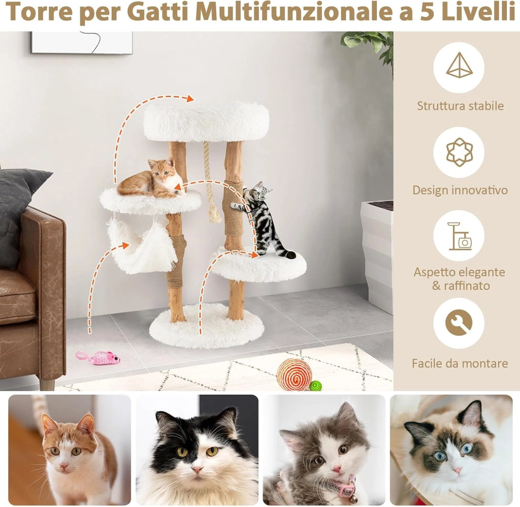 Albero per Gatti in Legno Alto 87 cm con Amaca, Albero Tiragraffi per Gatti a 5 Livelli, con Piattaforma Superiore, Mobile per Gatti da Interno, Bianco