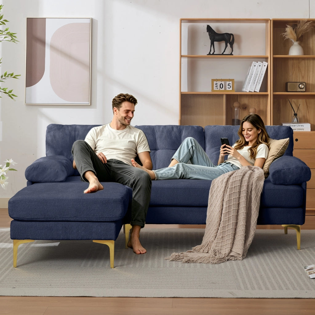Divano angolare reversibile a 3 posti con cuscini imbottiti, braccioli larghi, struttura in legno, in tessuto chenille blu