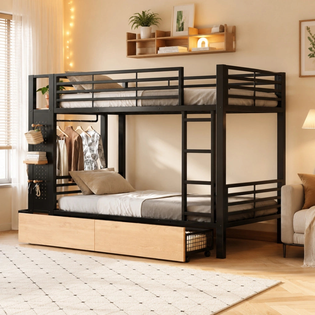 Letto a castello 90x200 cm in metallo e MDF; nero; con 2 cassetti e luce LED