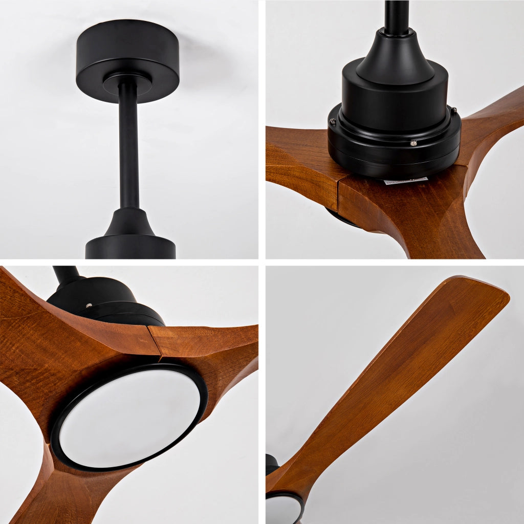 Ventilatore da soffitto con luce LED, 3 pale in legno noce e nero, telecomando, 6 velocità, 3 temperature colore