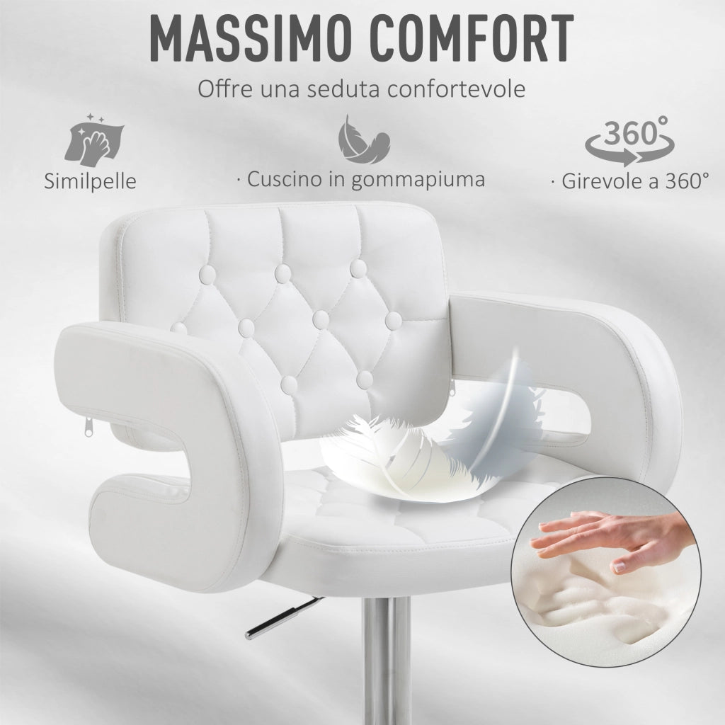 EasyComfort Sgabello Alto Moderno da Bar con Schienale e Braccioli, Regolabile e Girevole, per Cucina o Pub, 64x50x94-114cm, Bianca