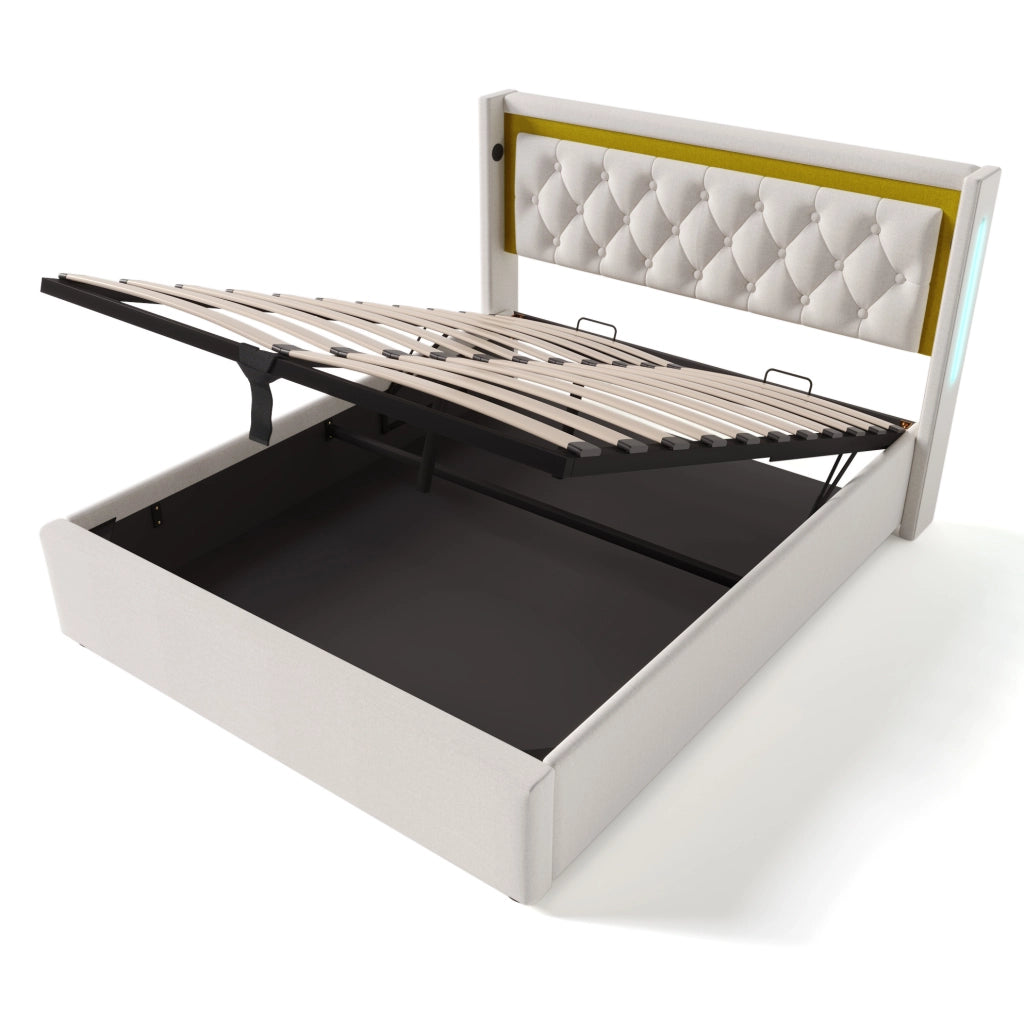 Letto matrimoniale LED con contenitore, USB e materasso incluso
