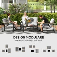 Set da Giardino 4 Pezzi con 2 Sedie, Divanetto 2 Posti e Tavolino, in Acciaio e Poliestere Grigio Chiaro e Nero