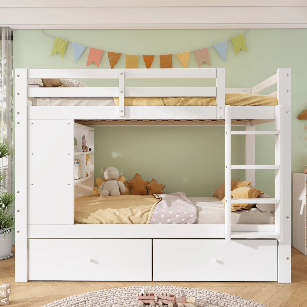 Letto a Castello 90 x 200 cm e 90 x 200 cm; 2 Posti - 2 Cassetti; Scala e Scaffale