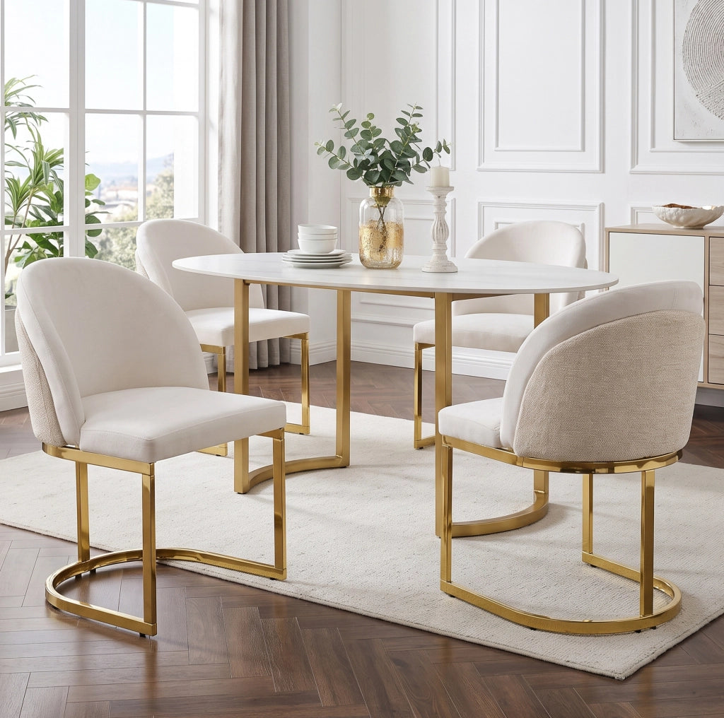 Set di 4 sedie con doppio schienale e gambe in metallo galvanizzato; chenille beige e oro