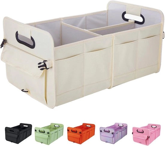 Organizzatore di Cassetto Portabagagli Auto Ripiegabile con Molti Scomparti e Cinture Adattabili - Organizzatore di Ospedalità per SUV - bianco