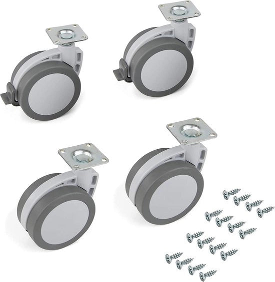 Set di 4 ruote di regolazione grigie per mobili - Diametro 80 mm - Con piatto di avvito - Rulli a rulli