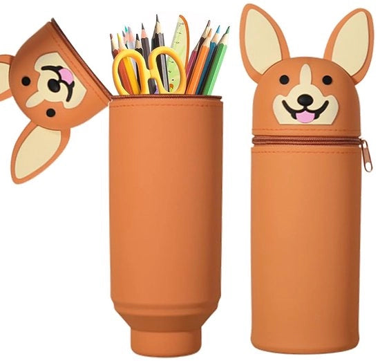 Etui in silicone con coda di cane, scelta tra 18 disegni, borsa 2 in 1 in silicone morbido, etui con tema animale, altezza 18,5 cm, con cerniera e espandibile, adatto a ragazze e ragazzi (marrone)