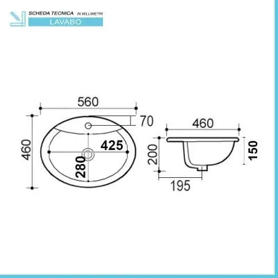 Lavabo da incasso soprapiano ovale 56x46 cm in ceramica lucida