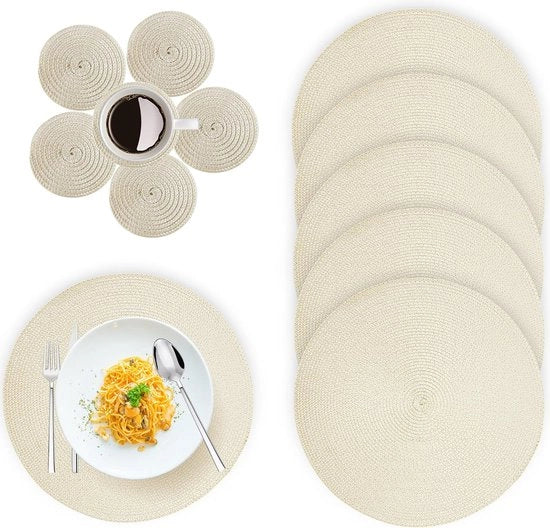 Set di 6 placemats rotondi e sottopiedini, 38 cm placemats rotondi intrecciati e tessuti, tappeti da tavolo antiscivolo lavabili e termoresistenti in PP per cucina, tavolo da pranzo, ristorante, Natale (12 pezzi, beige)