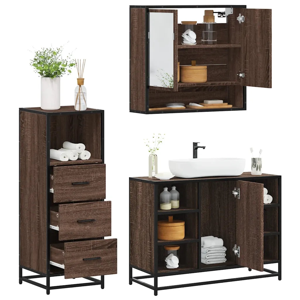 Set Mobili da Bagno 3 pz Rovere Marrone in Legno Multistrato