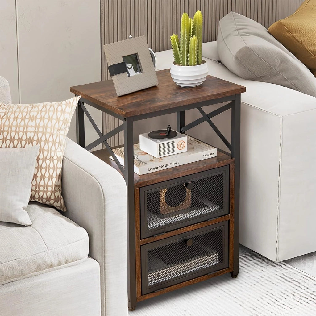 Set di 2 tavolini, comodino in legno con 2 cassetti pieghevoli e scaffali aperti, design salvaspazio, comodino industriale per camera da letto, soggiorno, 40 x 35 x 61 cm