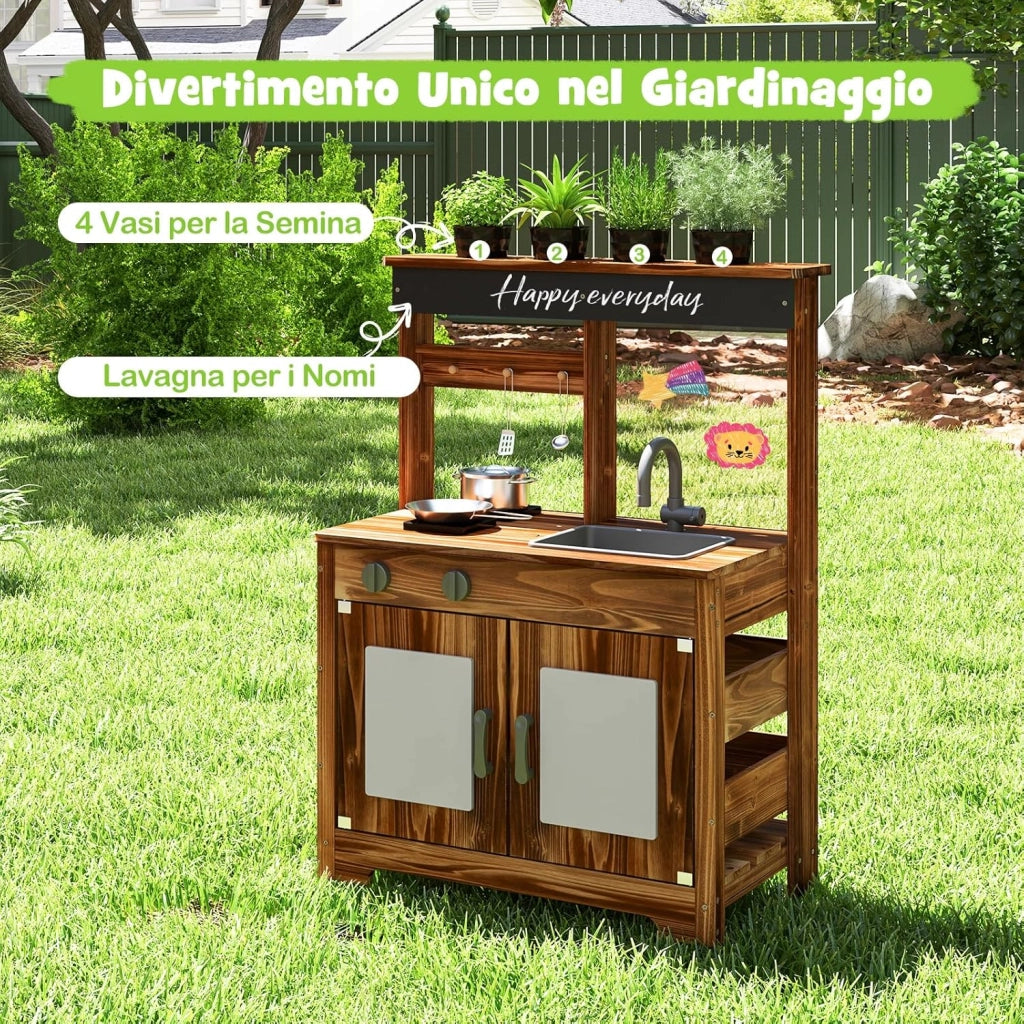 Cucina Giocattolo da Giardino con Lavagna, Cucina in Legno di Abete per Bambini con 4 Vasi da Giardinaggio, Fornelli 4 Accessori per Cucinare, 68 x 35 x 97 cm