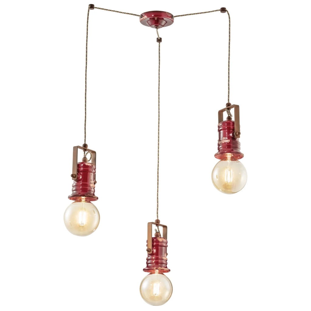 Lampadario Industrial Minimal Urban Ferro Ceramica Vintage Bordeaux 3 Luci E27