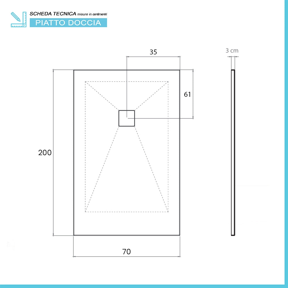 Piatto doccia 70x200 in marmoresina cemento con griglia in acciaio inox Harmony
